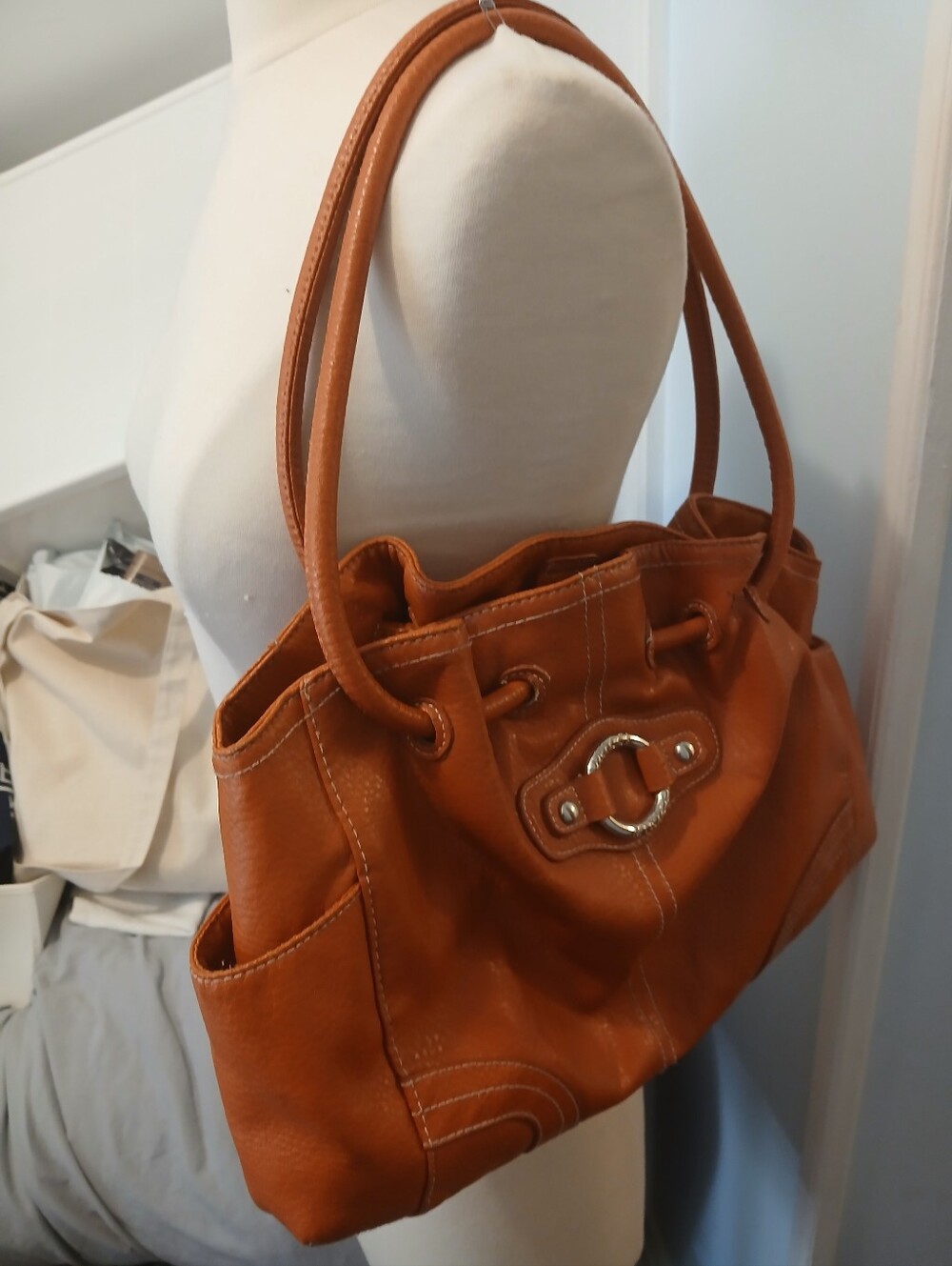 Y2k Women's Orange Vegan Leather Shoulder Bag with Silver Hardware